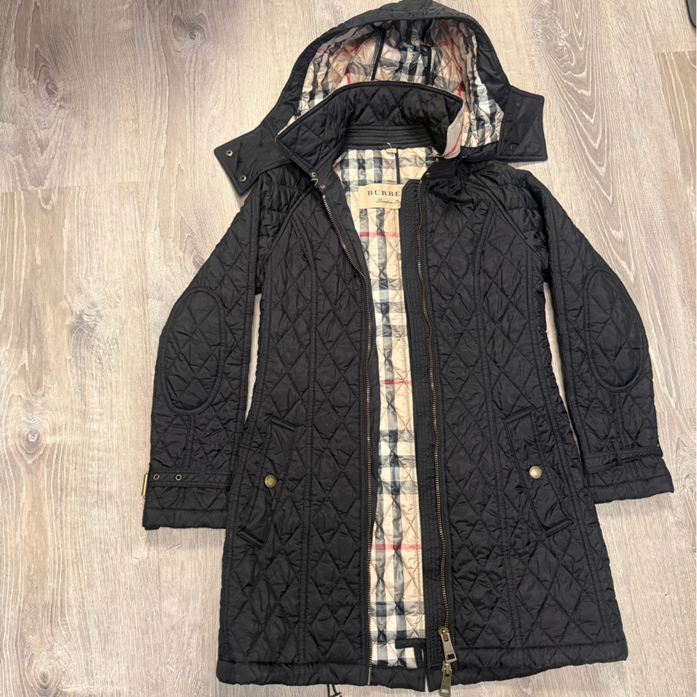 🖤 Burberry London Quilted Jacket Coat – Black Nova Check Lined – Hooded